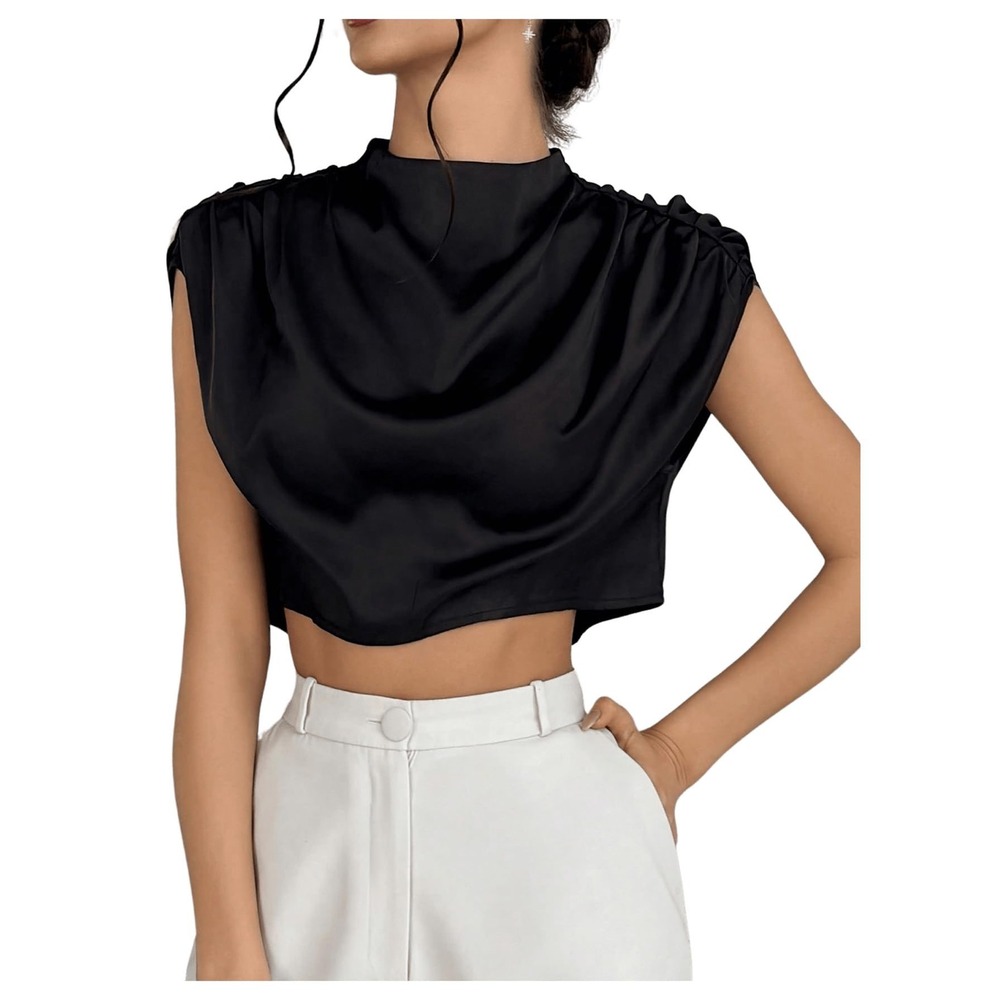 NWT SweatyRocks Satin Ruched Mock Neck Crop Top Black Medium